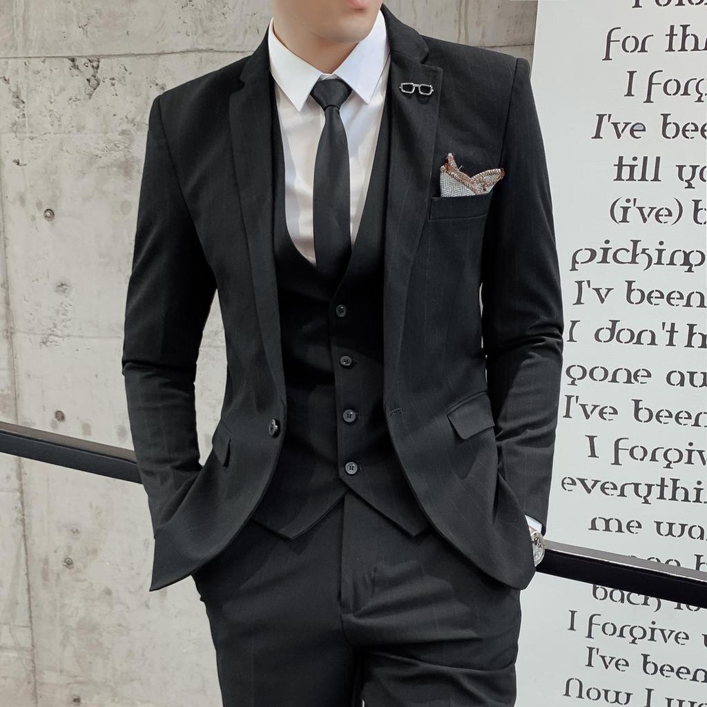 Men's 2020 Slim Fit Striped Three-Piece Suit - Korean Style, Plus Size, Formal Wedding & Banquet Attire