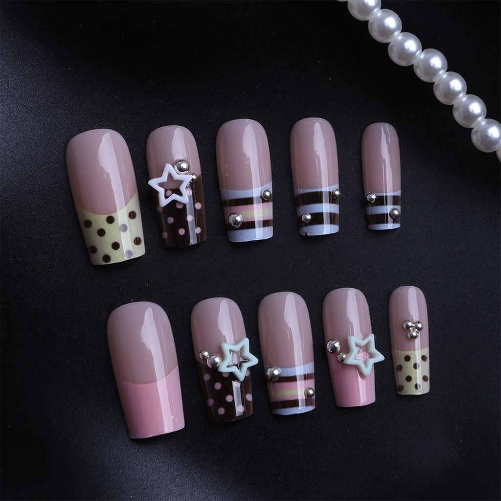 24pcs Y2K Sweet Stars Press On Nails Blue Brown Stripes French False Nails Wave Point Designs Autumn Vintage Fake Nail