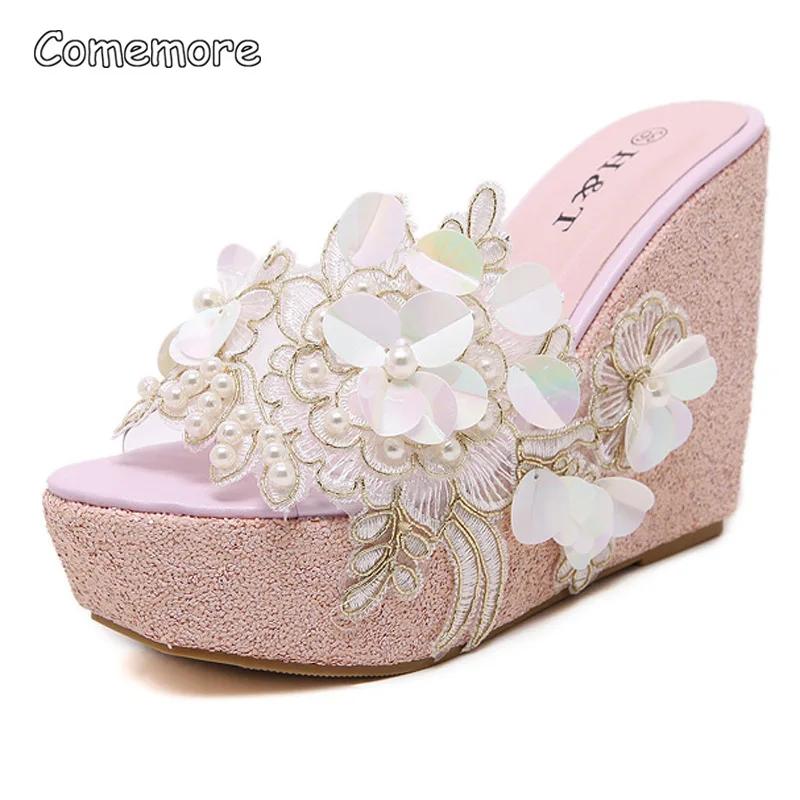Fashion Comemore Women Fashion Silver High Heels Female Gold Shoes Slippers Footwear for Woman New Summer Flower Platform Wedges Sandals