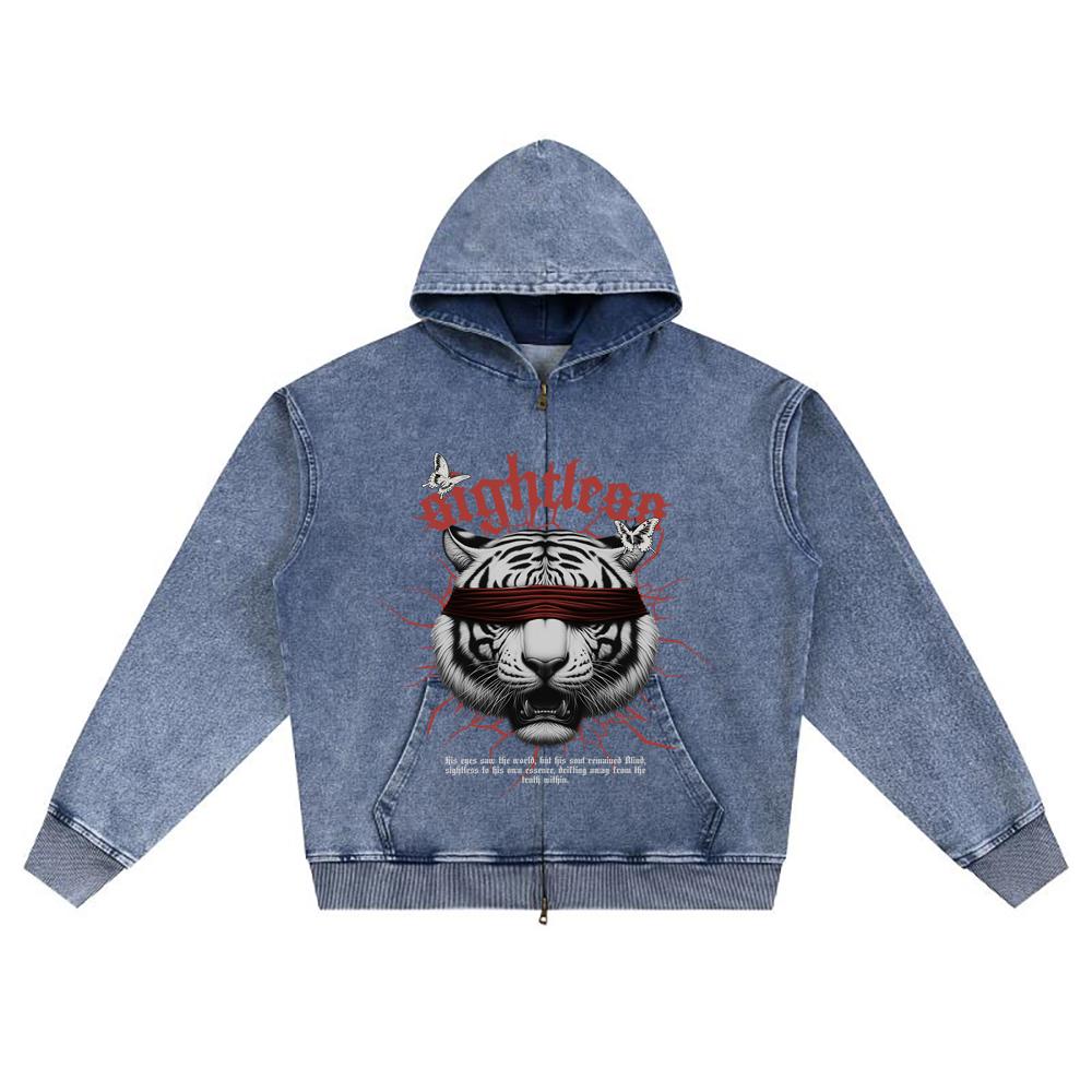 DTG print Knitted Denim Zip-Up Hoodie Sightless Brother Print Zipper Hoodies
