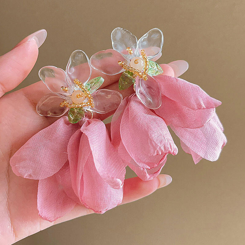 Cercei Vintage cu Ciucuri Lungi cu Flori Pentru Femei, Dulci, din Șifon, cu Temperament, Cercei Atârnători, Bijuterii pentru Petrecere, Nuntă, Plajă