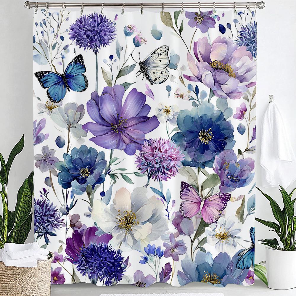 Purple Blue Floral Bouquet Butterfly Shower Curtain,Dreamy Painting Flowers &Butterfly,Bathroom Decorative Shower Curtains