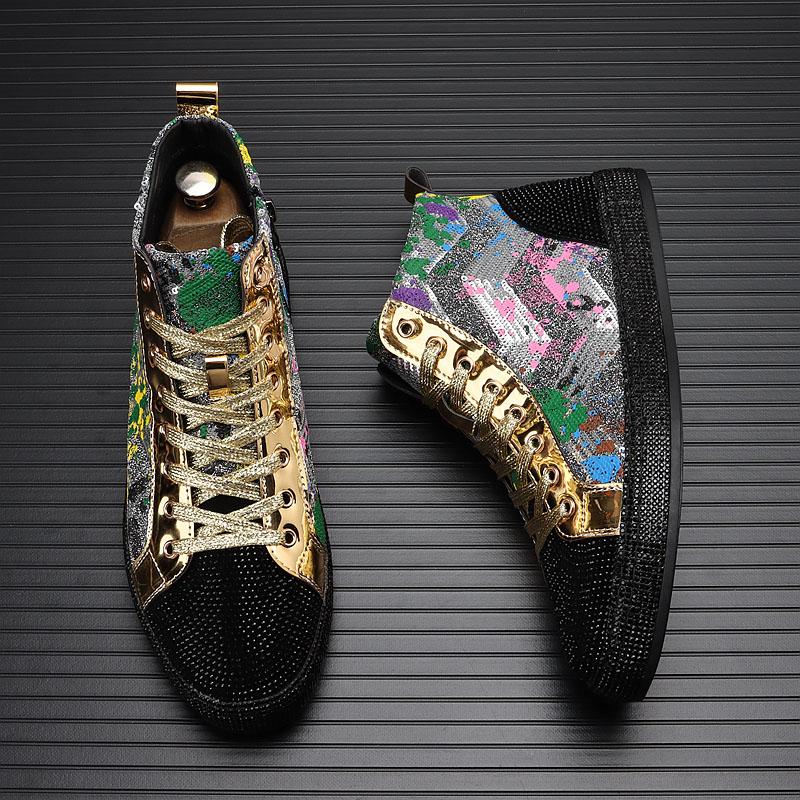 New Luxury Designer Men High Tops Rhinestone Platform Shoes Causal Flats Moccasins Rock Punk Walking Sneakers Tenis Masculino