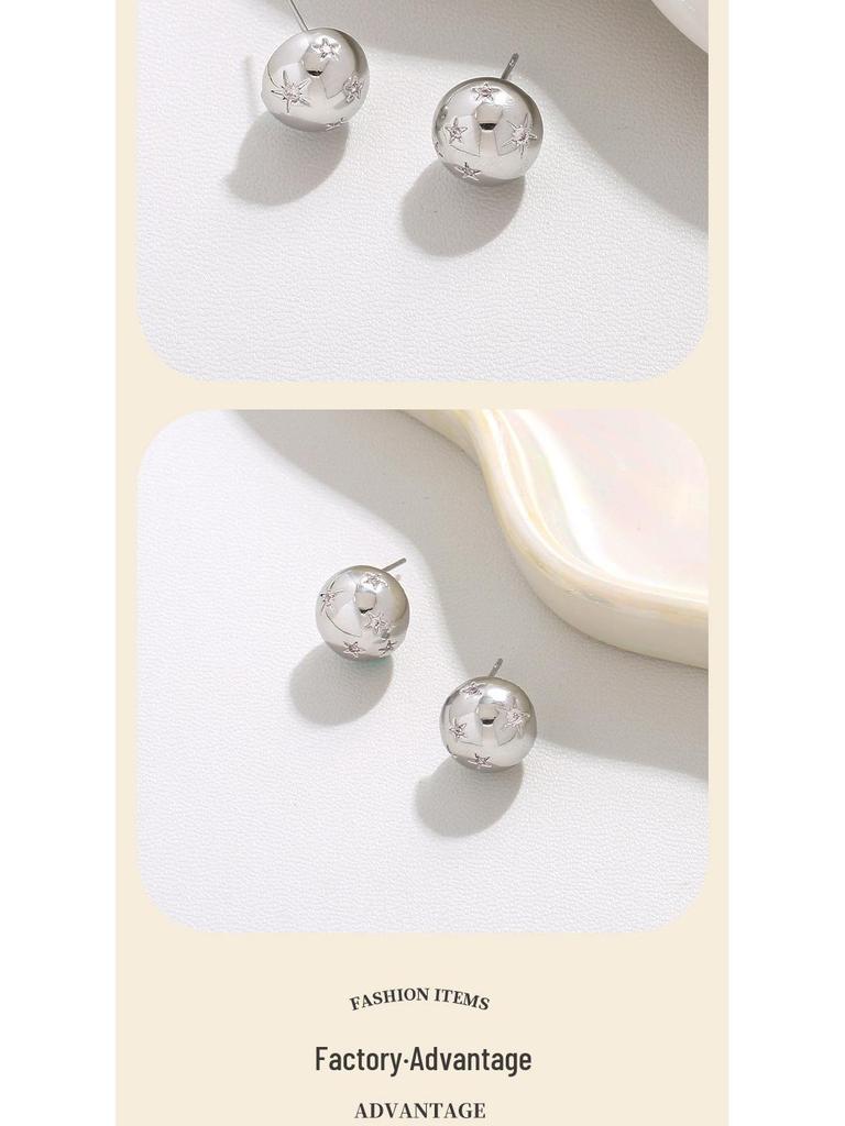 S925 Silver Needle Smooth Round Ball Star Stud Earrings - Stylish Niche Design for Women