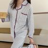 Women's Spring Plaid Cardigan Pajama Set - Shell Collar, Waffle Knit, Faux Cotton, Long Sleeve Casual Homewear