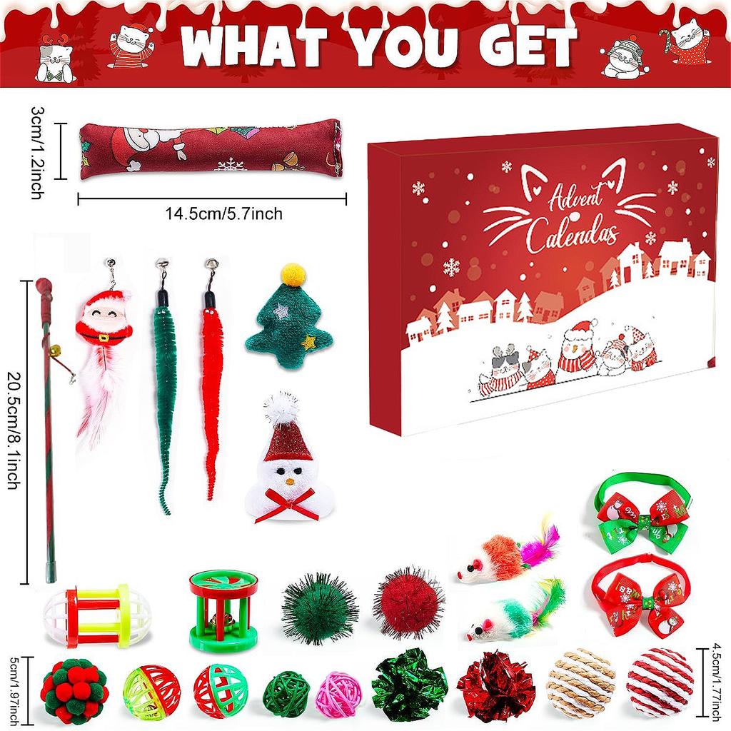 Cat Advent Calendar Christmas Blind Box Christmas Countdown Calendar for Kitten with 24 Pcs Assorted Cat Christmas Toys Gifts