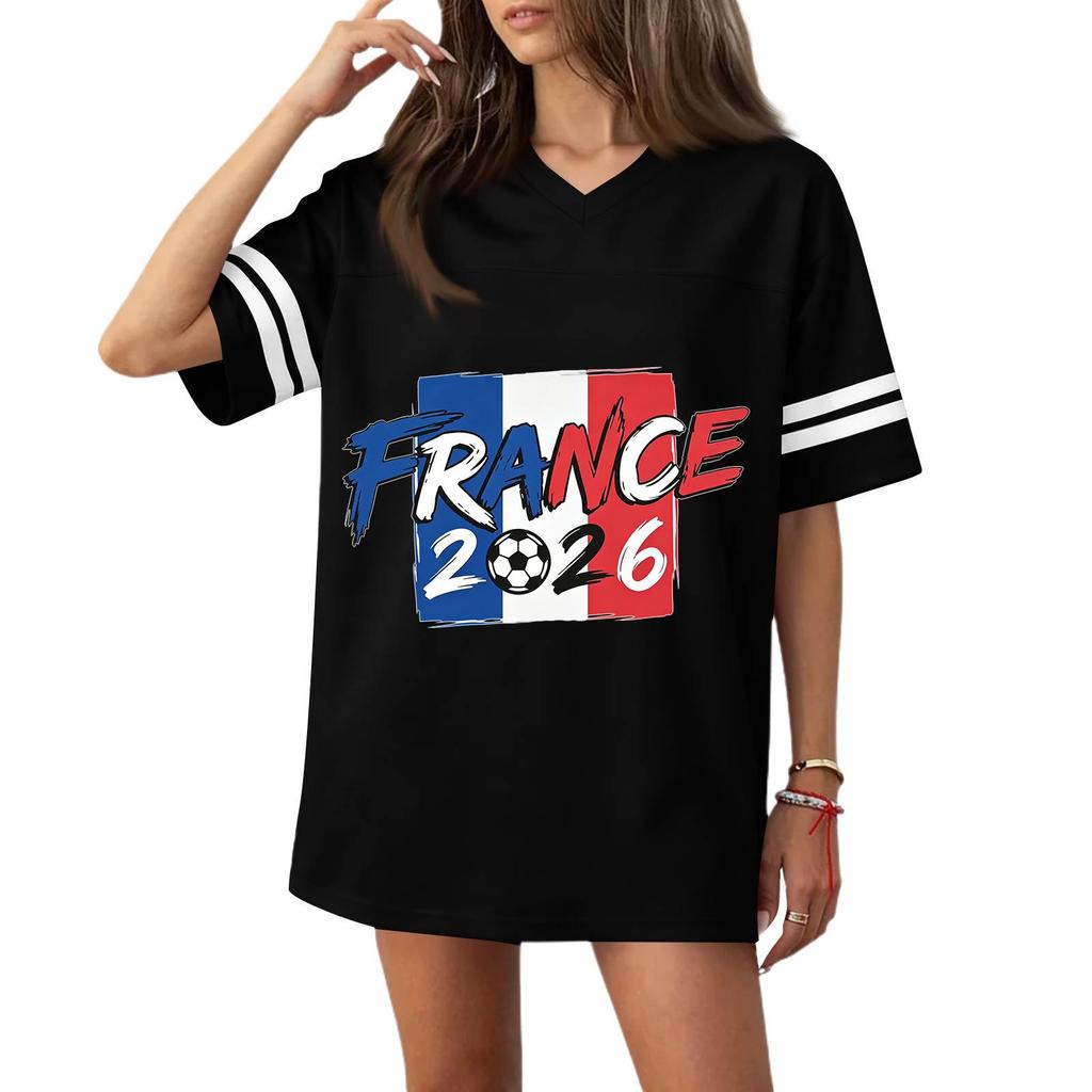 Women V Neck Short Sleeve Loose Fit Sports T Shirt with Flag Graphic and Number Print for Casual or Athletic Wear 2026