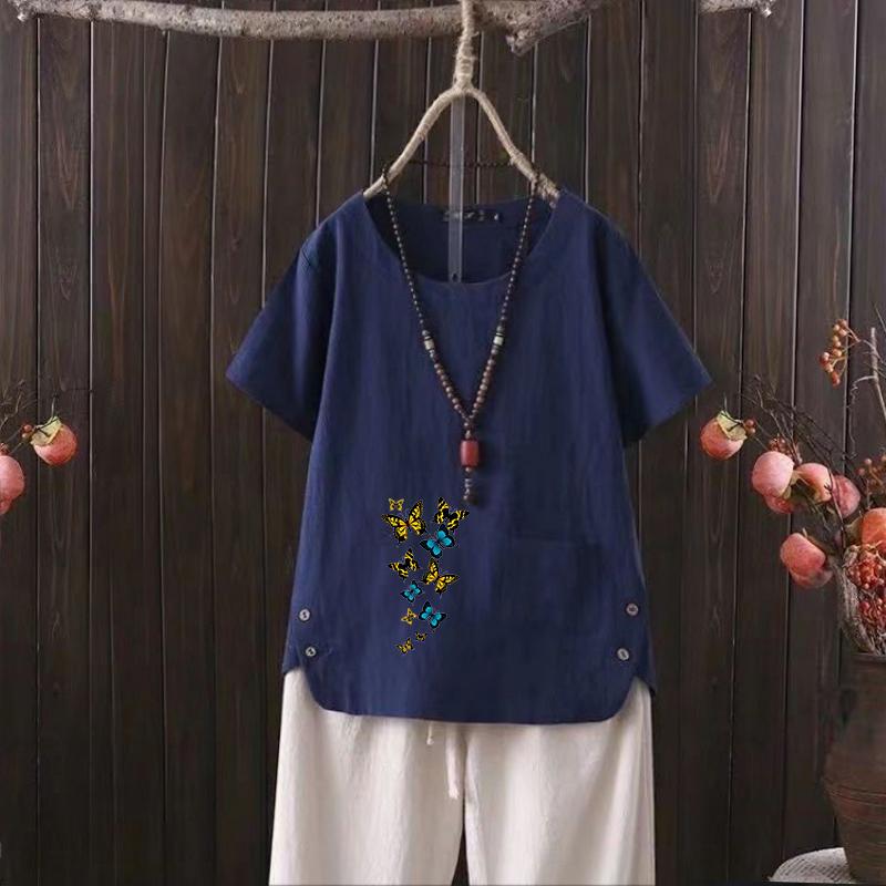 

Туника из экологически чистой льняной смеси: Дышащий хлопковый топ с V-образным вырезом для повседневной женской одежды [европейский стиль] 3XL темно-синий