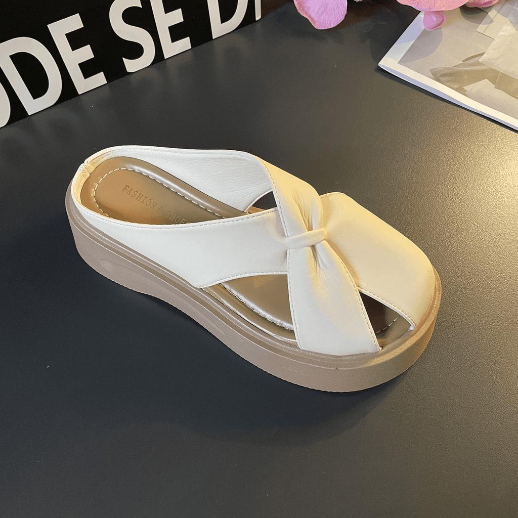 Summer season new outer wear casual round head heightened thick bottom hollow soft leather bag head cool slippers children