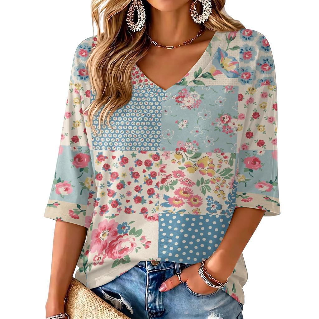 Women's V-Neck Print Lightweight Blouse for Spring and Summer
