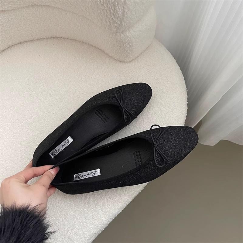 

Туфли-лодочки с острым носком и французским бантом 2025 Женские туфли-балетки с низким вырезом элегантные легкие износостойкие удобные на плоской подошве 40 чёрный