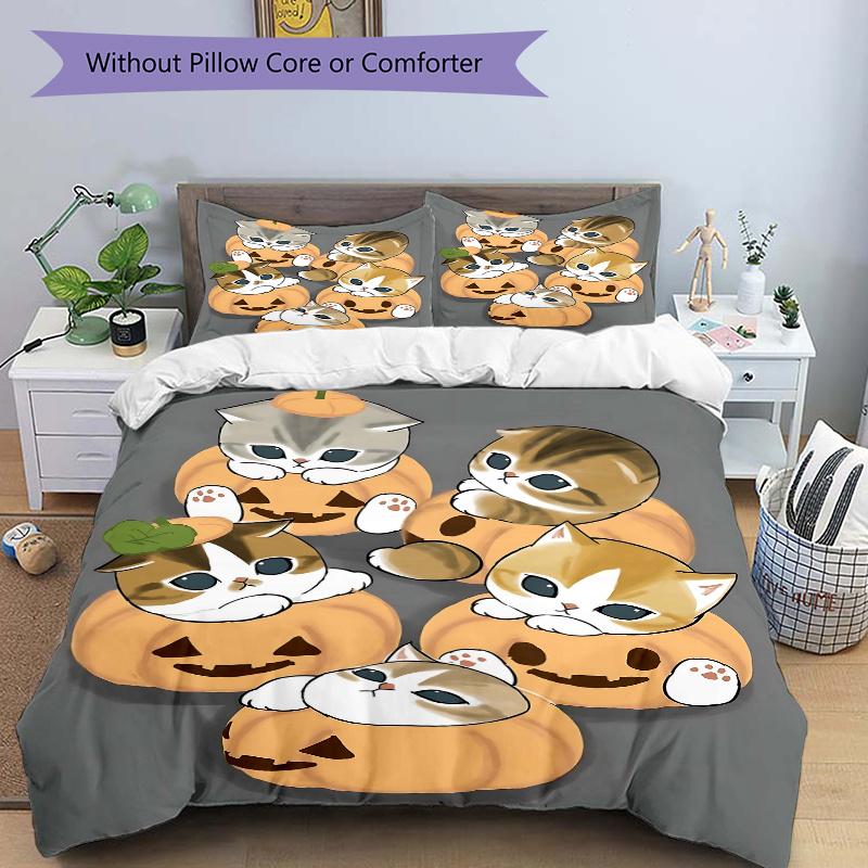 

3pcs Pumpkin Kittens Bedding Set - Includes Quilt Cover and Pillowcases, Suitable for All Seasons L083 135x200cm