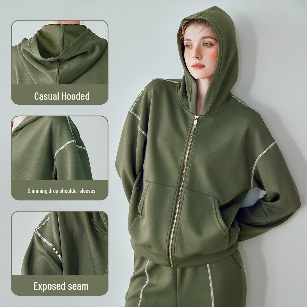 Women's Casual Slimming Thickened Sportswear: Warm 2-Piece Hooded Jacket Set