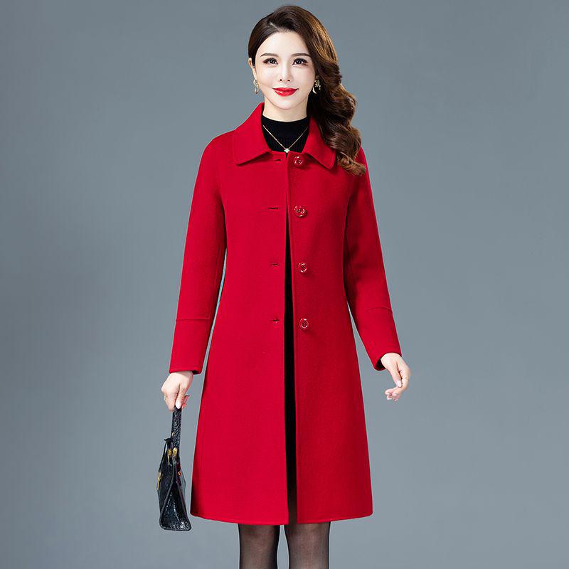 Jujube Red Double-Sided Wool Blend Coat - Women's Mid-Length Slim Fit for Autumn and Winter