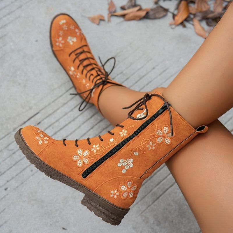 Large Size Medium Boots Women's Autumn and Winter Printed Lace-Up Martin Boots Women's Fashion Short Boots