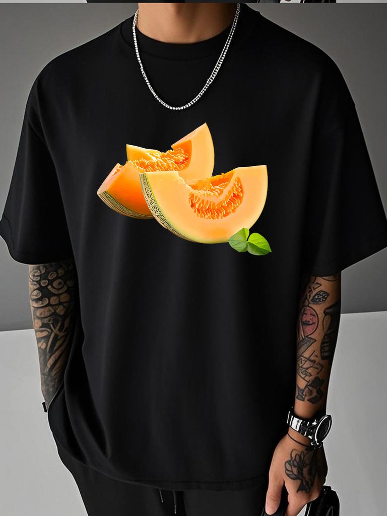 Unisex Summer White Short Sleeve Tee Realistic Sliced Cantaloupe Melon Fruit Graphic Crew Neck Loose Casual Male Daily Tops