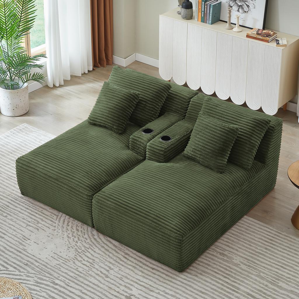 Compressible Double Chaise Lounge with Cup Holders – No Assembly Required, Fluffy Two-Seater Sleeper Sofa for Living Room, Bedroom and Reading Nook