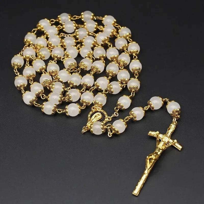 Natural White Jade Marrow Rose Rosary Beads Bracelet Cross Pendant Catholic Jewelry Commemorative Day Festival Exquisite Gift