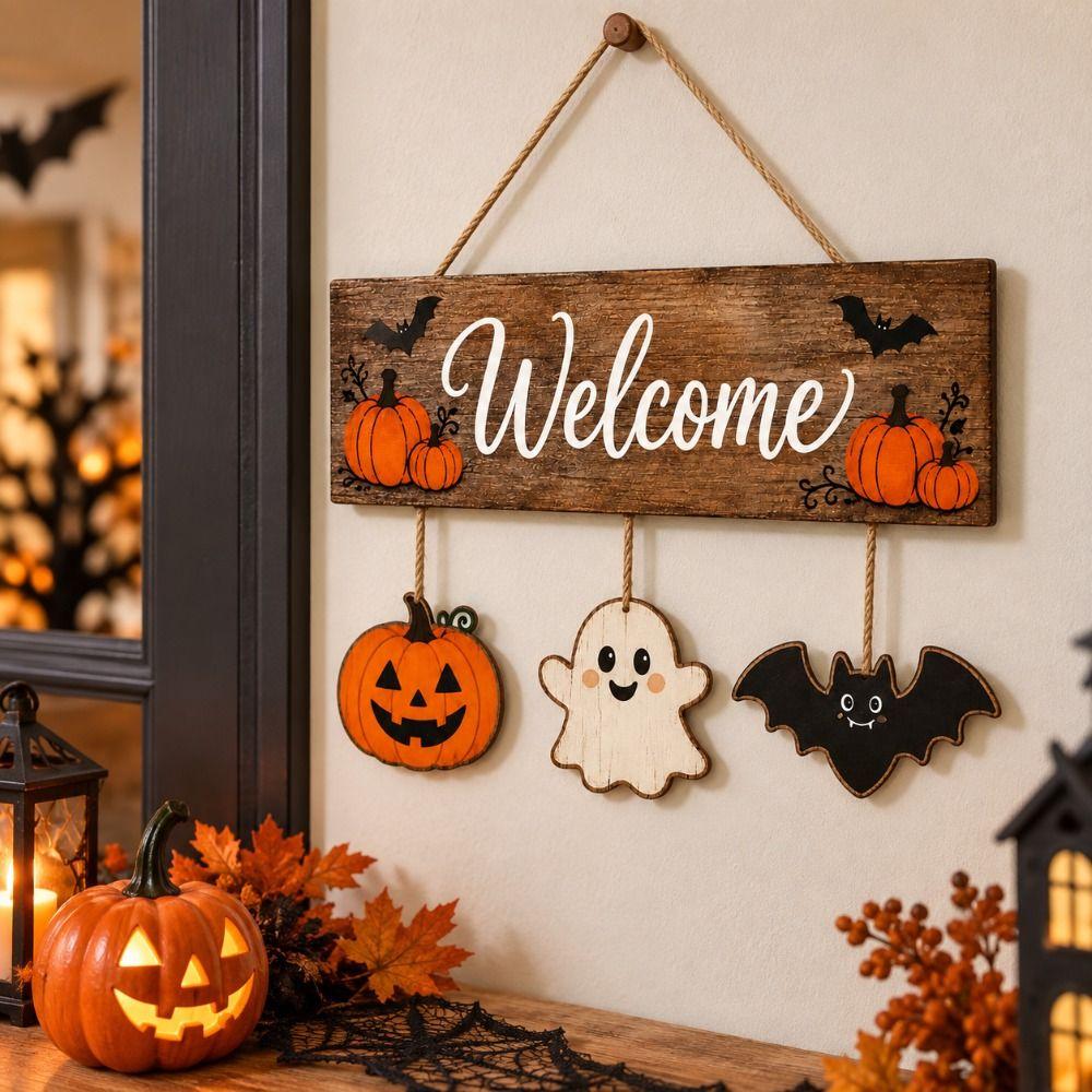 Wear-Resistant Halloween Wooden Welcome Sign 2D Flat Rustic Welcome Board Pendant Autumn Season