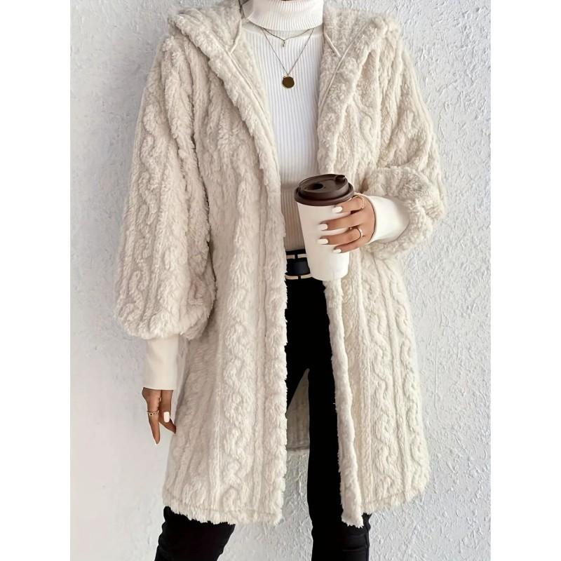Womens Oversized Hooded Fleece Jacket Winter Warm Long Sleeve Solid Color Coat Casual Daily Wear