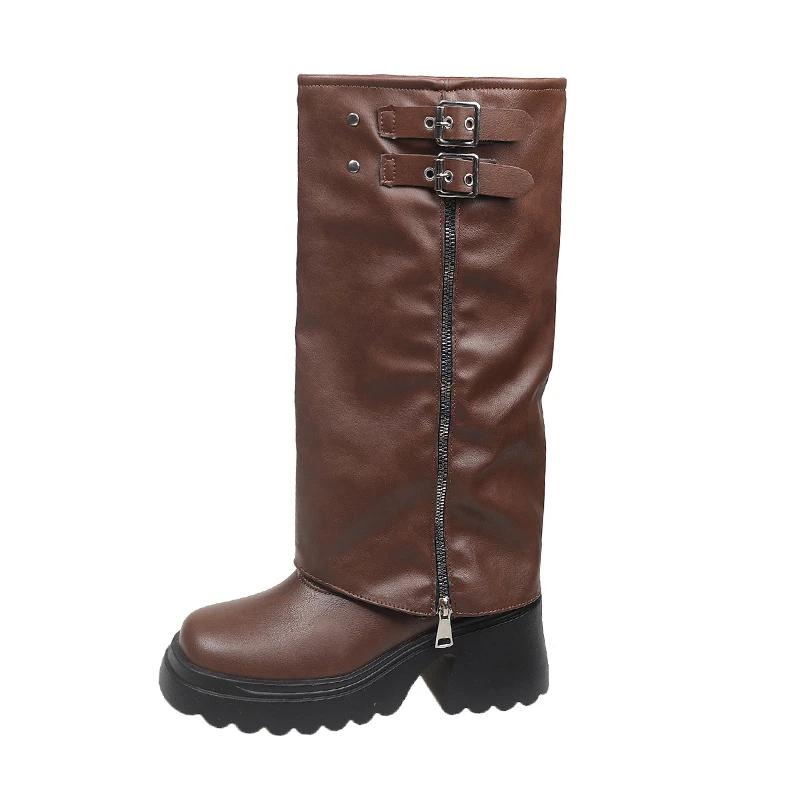 Fashion 2025 New Autumn Winter Chunky Women Knight High Boots Fashion Platform Flats Trouser Long Booties Female Western Cowboy Shoes