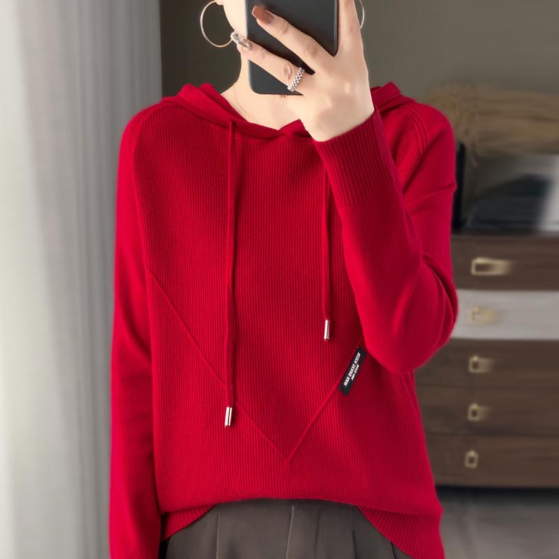 INDFS Women's Fashion Casual Fall Winter Solid Color Print Long Sleeve Hooded Sweaters