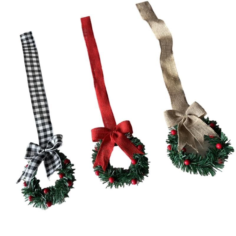 6Pcs Artificial Wreath 13cm Small Christmas Wreaths Ribbon Bows Wreath for Front Door Kitchen Cabinets Wall Window