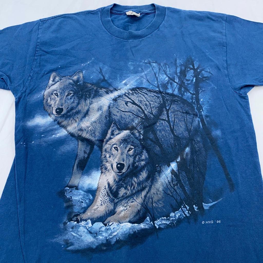 vintage 90s WOLF PACK IN THE WOODS T-Shirt LARGE snow nature winter