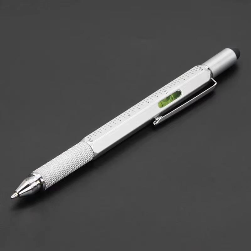 6 In 1 Multifunctional Metal Ballpoint Pen with Stylus Ruler Level Screwdriver for Woodworking Repair Jobs