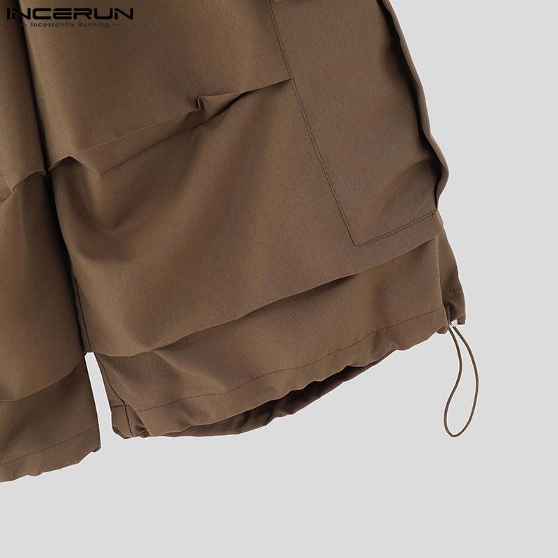 INCERUN Men Drawstring Elastic Waist Ruffled Casual Vintage Cargo Capri Pants with Pockets