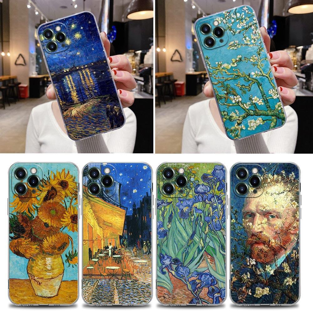 Starry Sky Van Gogh Oil Painting Sunflower Almond Blossoms Clear Phone Case For iPhone 15 13 11 12 14 Pro Max XS 7 8 Plus Covers