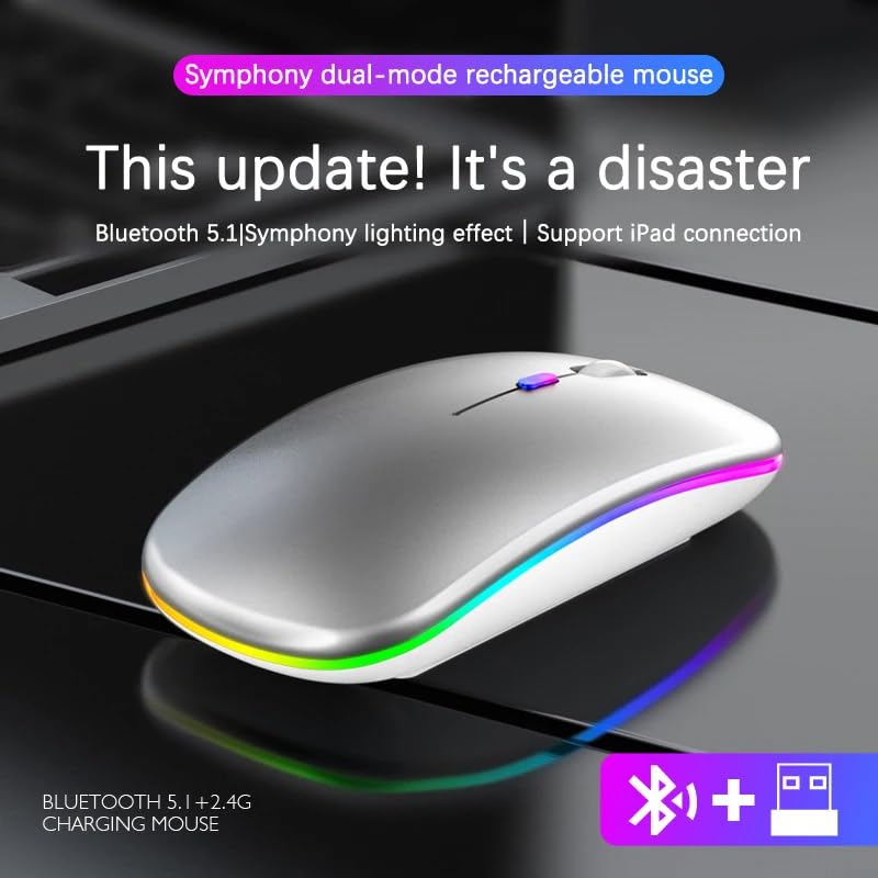 Kabellose Maus mit Bluetooth 5.2, Geräuschlose Bedienung, Sofortige Verbindung, Ultradünn, Kompakt, USB-wiederaufladbar, 2.4GHz, 3-stufige DPI-Umschaltung, Hoch