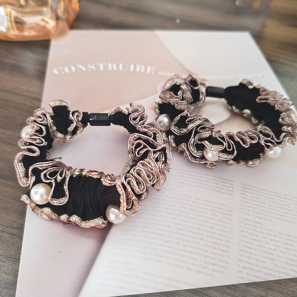 2PC European and American Lace Pearl High Elasticity Hair Ties for Women Girls Ponytail Holder Hair Rings Rope Accessories