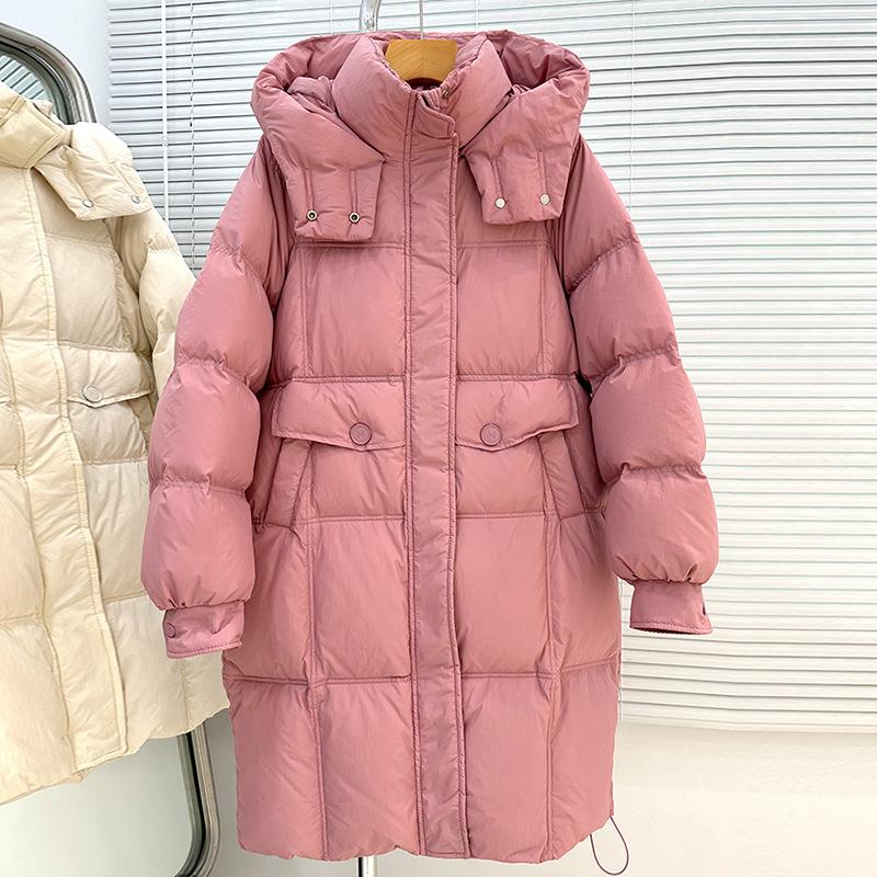 

M пуховик женский средней длины 2025 зима новый с капюшоном утолщенный теплый пуховик из белого утиного пуха большого размера S розовый
