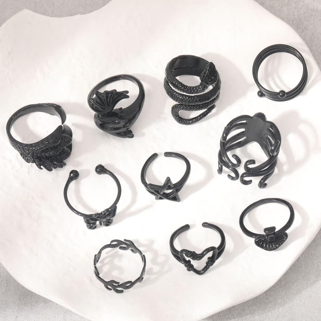 Personality Exaggerated Electrophoresis Black Butterfly Love Mushroom Five-Pointed Star Snake Claws 10-Piece Set Ring