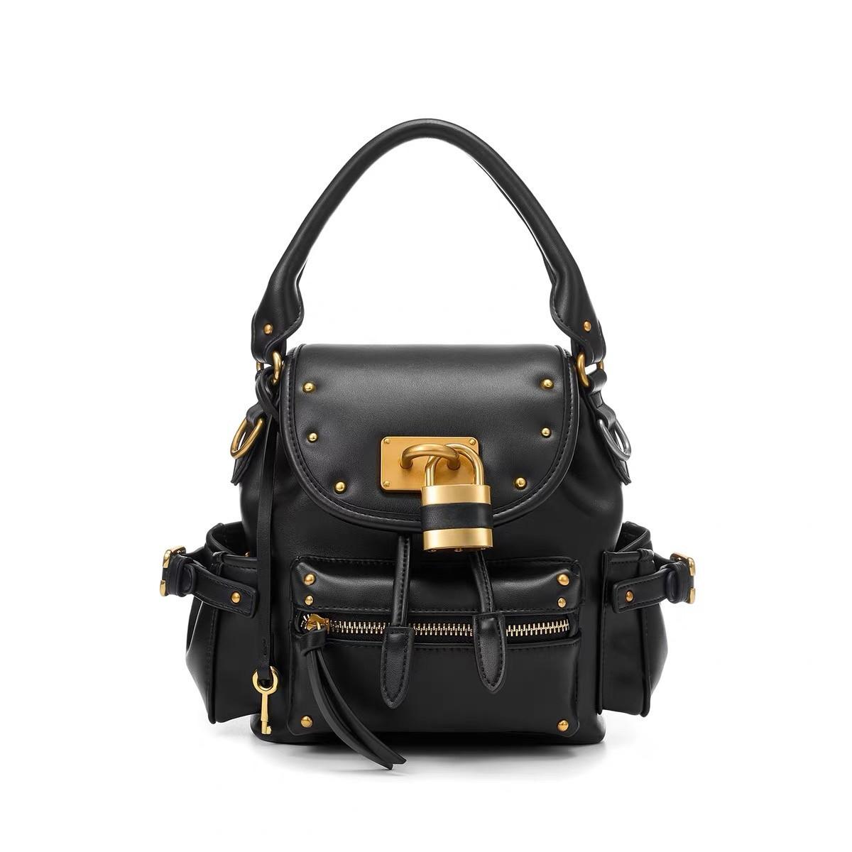 

Brand Lock Design Leather Backpack Rivet Detail Top-handle Bag New Niche Fashi Versatile Commuter Backpack чёрный