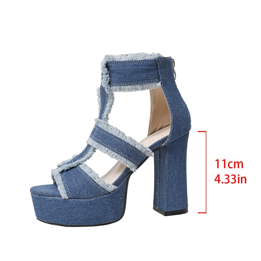 Letní dámské sandály na platformě modré džínové s páskem kolem kotníku vysoké podpatky boty pro ženy venkovní sexy sandály s otevřenou špičkou dámské