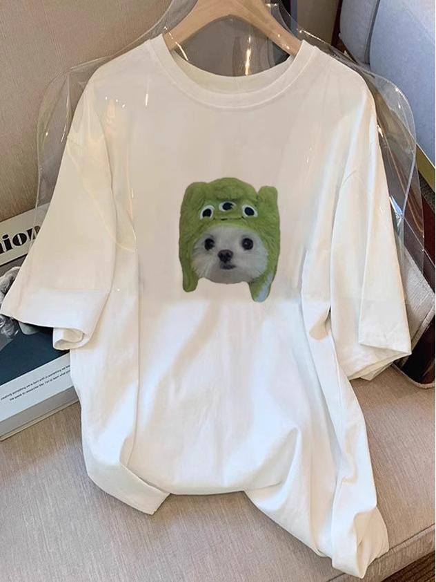 

Women s 2025 Summer Cartoon Puppy Print Loose Cotton T-shirt M абрикосовий
