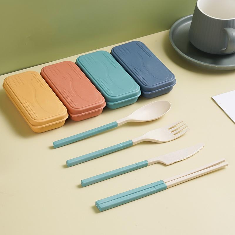 Japanese-Style Wheat Straw Cutlery Set Knife Fork Spoon Chopsticks - Three-Piece Folding Portable Cutlery