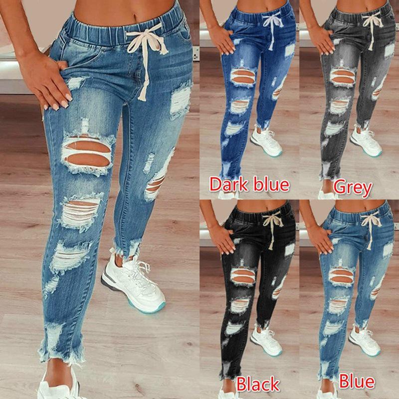 2023 High Waist Ripped Lace-up Women's Jeans - Elastic Waist, Small Leg, Long Pants