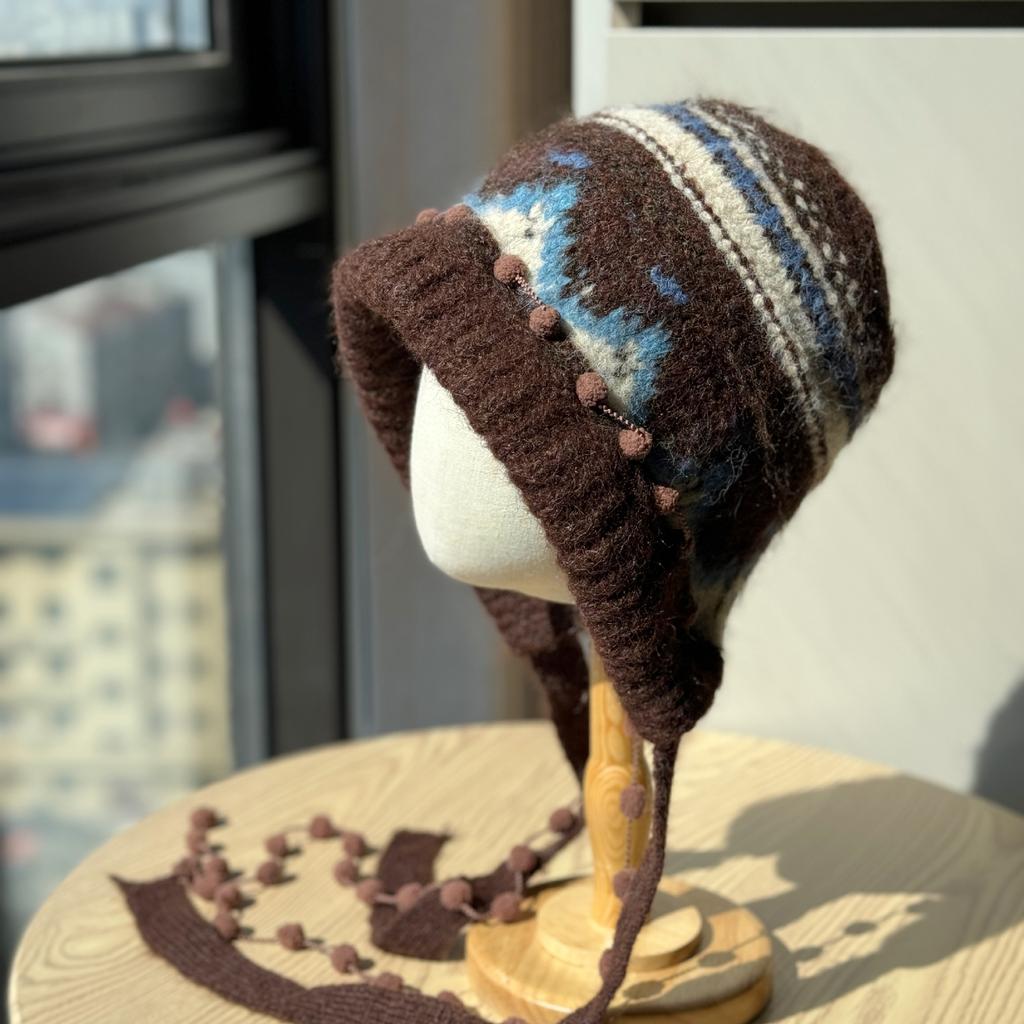 New Fair Isle Knitted Beanie Women's Autumn and Winter Warm Balaclava Thickened Ear Protection Baotou Hat