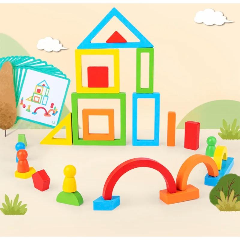 Wooden Toys DIY Assembled Rainbow Building Blocks Set Children Montessori Early Learning Stacked Balance Educational Toys