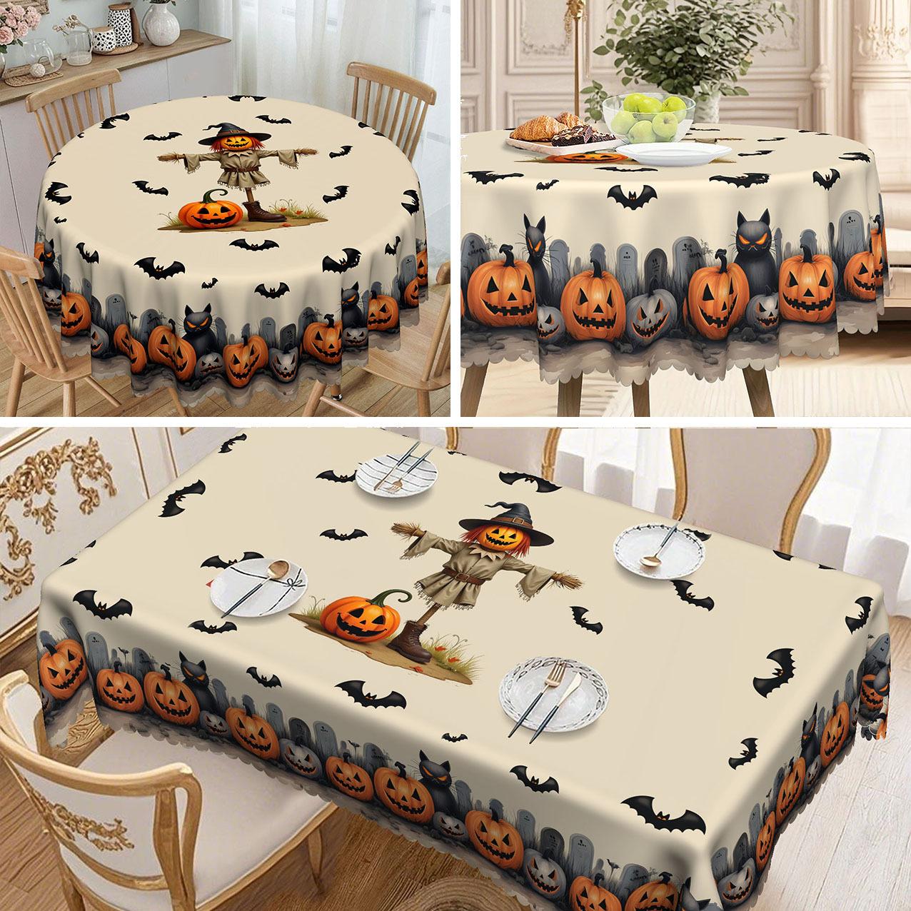 1 Retro Halloween Horror Night Printed Tablecloth, Jack-O-Lantern, Tombstone, Scarecrow, Bat And Other Elements Round tablecloth-152x152cm