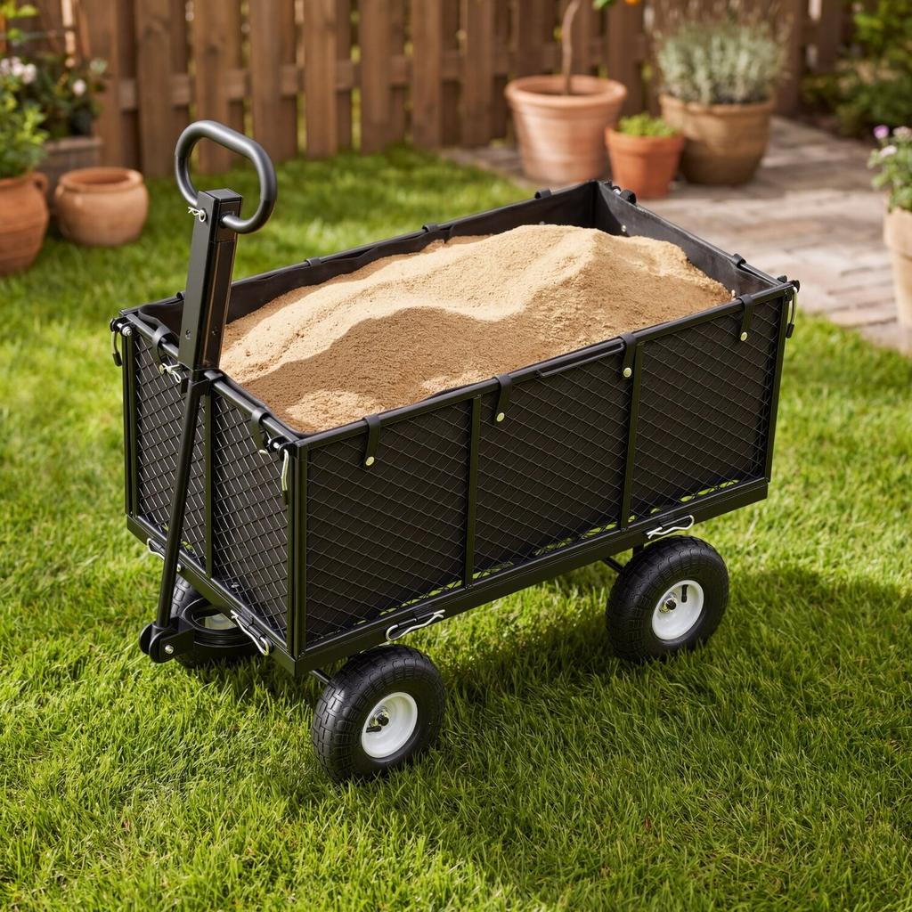 Garden Cart, 544.3 kg, Heavy Duty Steel Hand Trolley, Yard Utility Wagon Outdoor Transport Cart with 10-Inch Tires, Adjustable Handle, Detachable Side