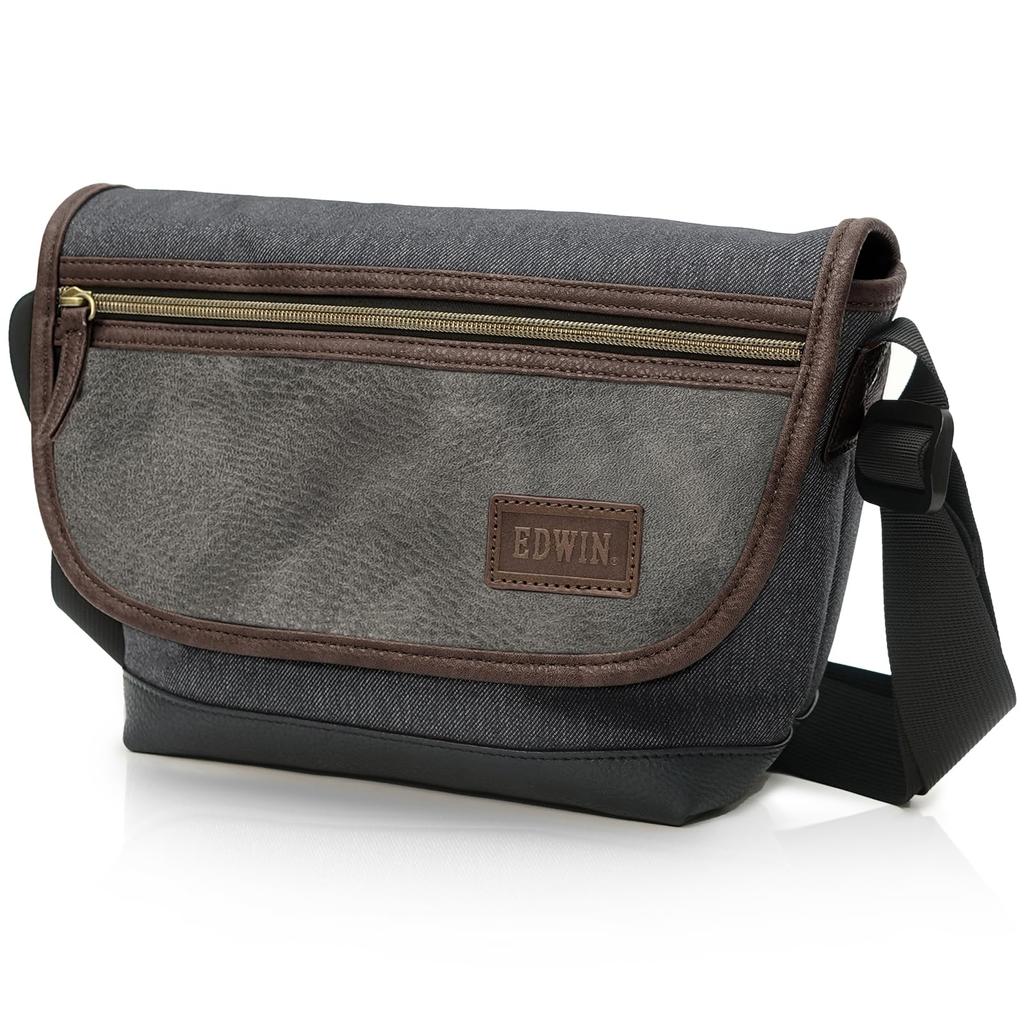 Mini Messenger Bag 0411518 Combination Synthetic Leather Polydenim Switch Compact with Pocket 22269303 Black 2 X Gray [Edwin] (Black