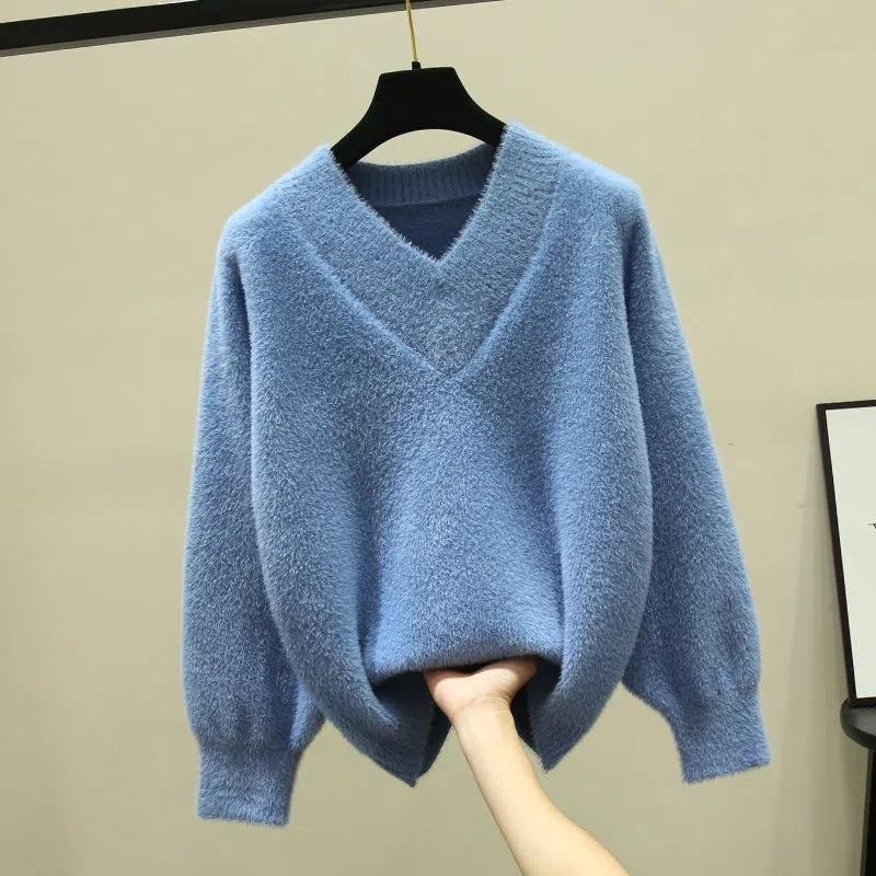 V-neck Mink Sweater Thickened Knitted Jumper Female Korean Style Pullover Loose Casual Sweater Winter Warm Outwear Bottming Tops