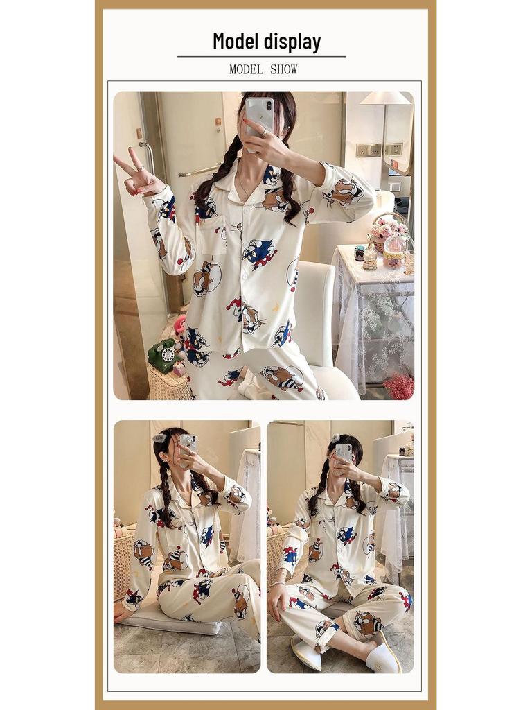 Middle-Aged Mom Long Sleeve Pajamas - Green Plant Series Cardigan, Loose Plus Size Home Set for Women, Spring/Autumn.