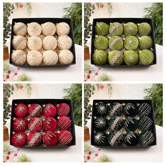 12 Pcs Velvet Glitter Christmas Ball Ornaments 3.15" Shatterproof Flocked Sequin Balls Christmas Tree Ornaments for Indoor Outdoor Holiday Party Decor