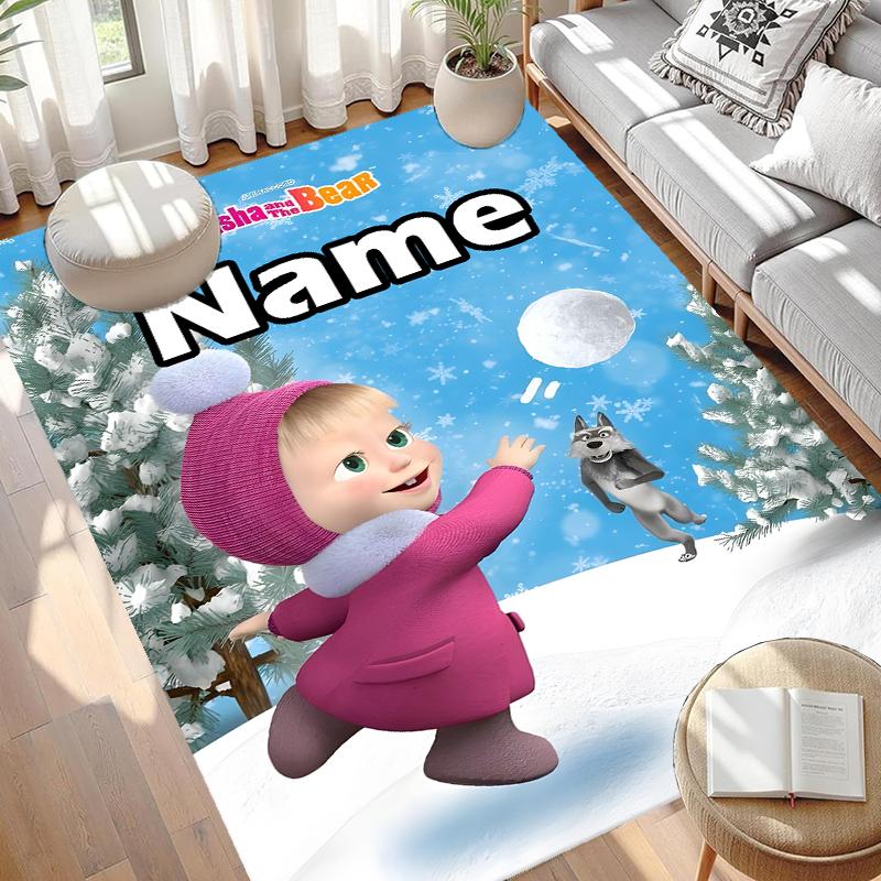 Custom Name Personalized Masha and The Bear Print Carpet, Versatile Home Decor Rug, for Playroom, Apartment, Balcony, Entryway, Hallway Gift