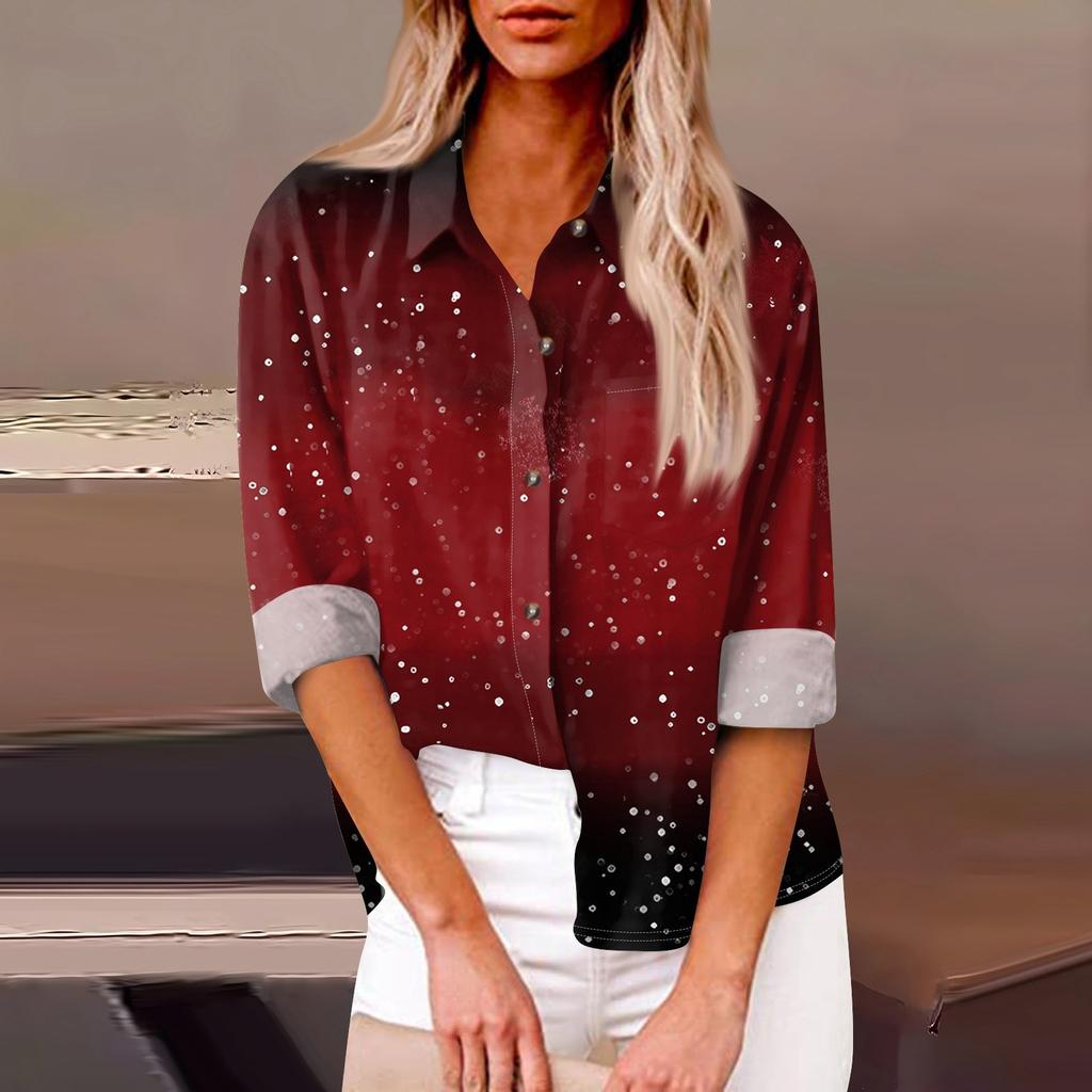 Women's Loose Casual Long-sleeved Christmas Print Shirt Print And Pocket Cardigan